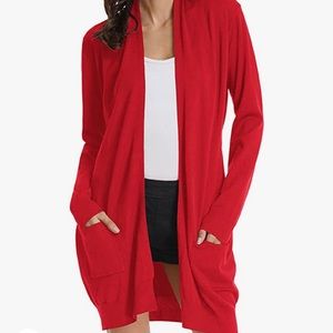 Grace Karin Long Red Cardigan with Pockets